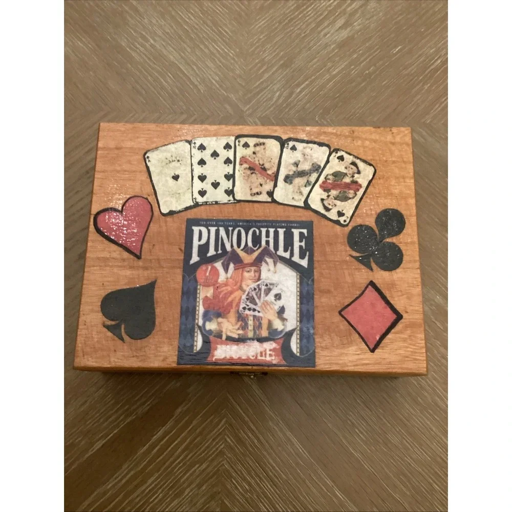 Vintage Handmade Wooden Pinochle Storage Box With Playing Cards And Score Pads